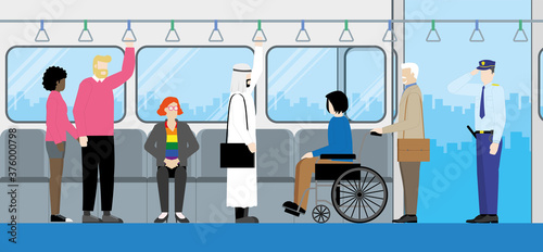 Diversity people standing inside the train at public transportation station. Security office greeting by salute. LGBT, Muslim, Interracial couple, Nationalities, Handicapped wheelchair, Genres.
