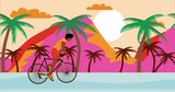 African American men cyclist is riding bicycle on the beach with sunset. Summer Cartoon , flat design