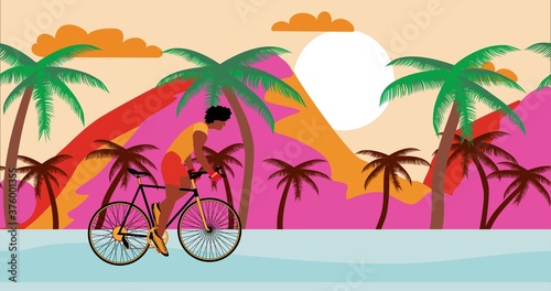 Fototapeta Naklejka Na Ścianę i Meble -  African American men cyclist is riding bicycle on the beach with sunset. Summer Cartoon , flat design