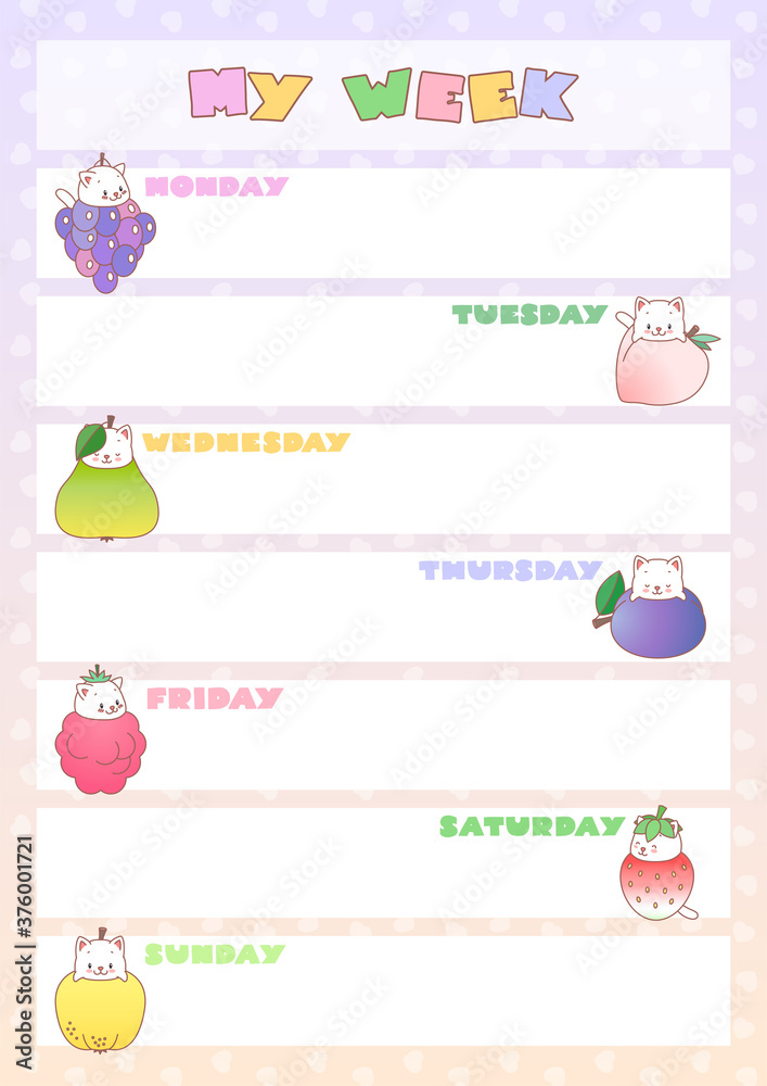 My week. Weekly planner with cute illustrations of little kittes and fruits. Kawaii school accessory. Vector 10 ESP.
My week. Weekly planner with cute illustrations of little kittes and fruits. Kawaii school accessory. Vector 10 ESP.