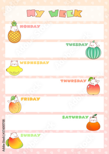  My week. Weekly planner with cute illustrations of little kittes and fruits. Kawaii school accessory. Vector 10 ESP.