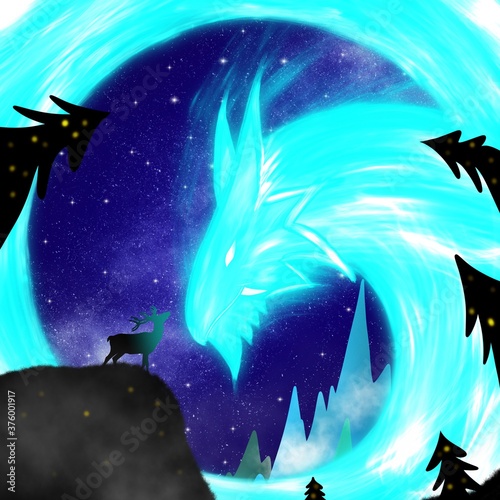 Mountain landscape with Aurora northern borealis in form on dragon. Dears, cosiness house and forest silhouette. Lanscape mountain view with aurora borealis abstract background illustration