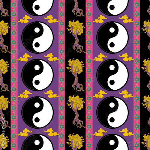 Bohemian ethnic seamless pattern with yin yang symbol, trees and oriental ornaments. Asian vibes.