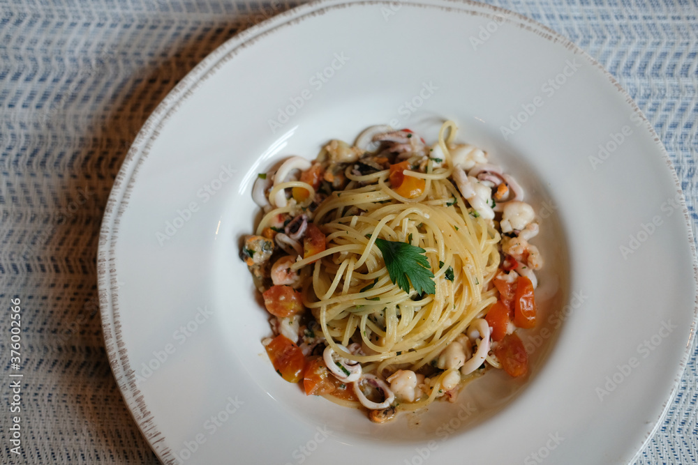 seafood spaghetti. Italian vegetarian appetizer food