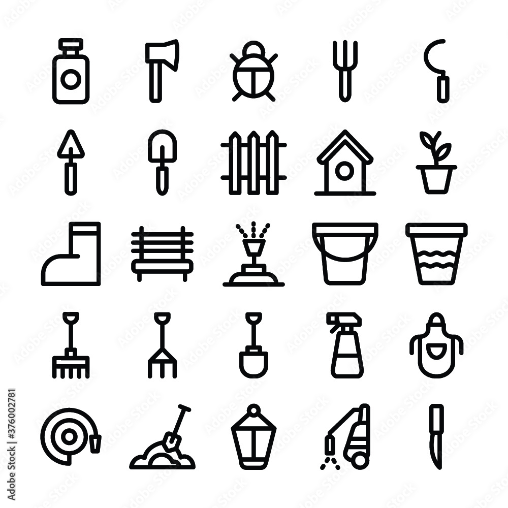 Gardening Equipments Line Icons Pack 