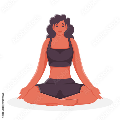 Character of Young Girl Meditating in Lotus Pose.