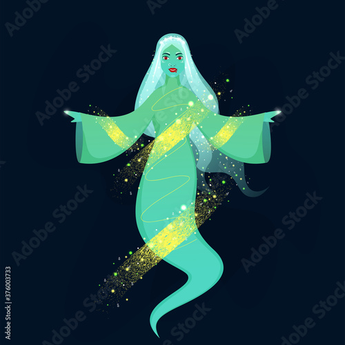 Obraz na plátně Female Ghost Character with Yellow Brush Noise Effect and Lights Effect on Blue Background