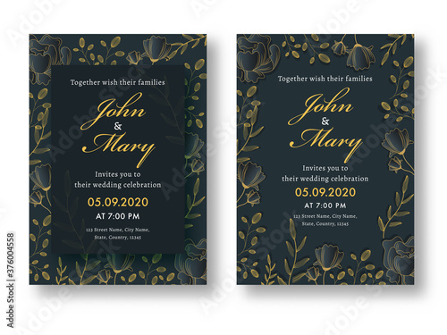 Floral Wedding Card, Template or Flyer Design Set with Venue Details.