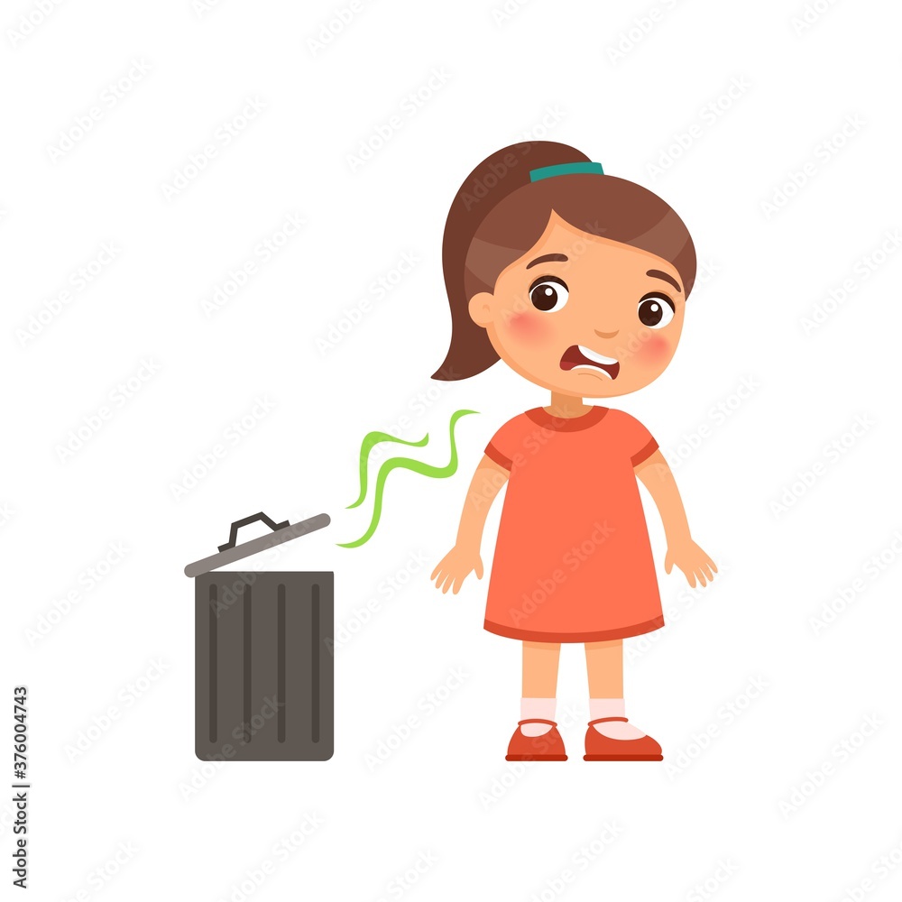 The little girl does not like the bad smell from the trash can. Expression of emotion on the face of a child. Cartoon character isolated on white background. Flat vector color illustration. . The little girl does not like the bad smell from the trash can. Expression of emotion on the face of a child. Cartoon character isolated on white background. Flat vector color illustration. .