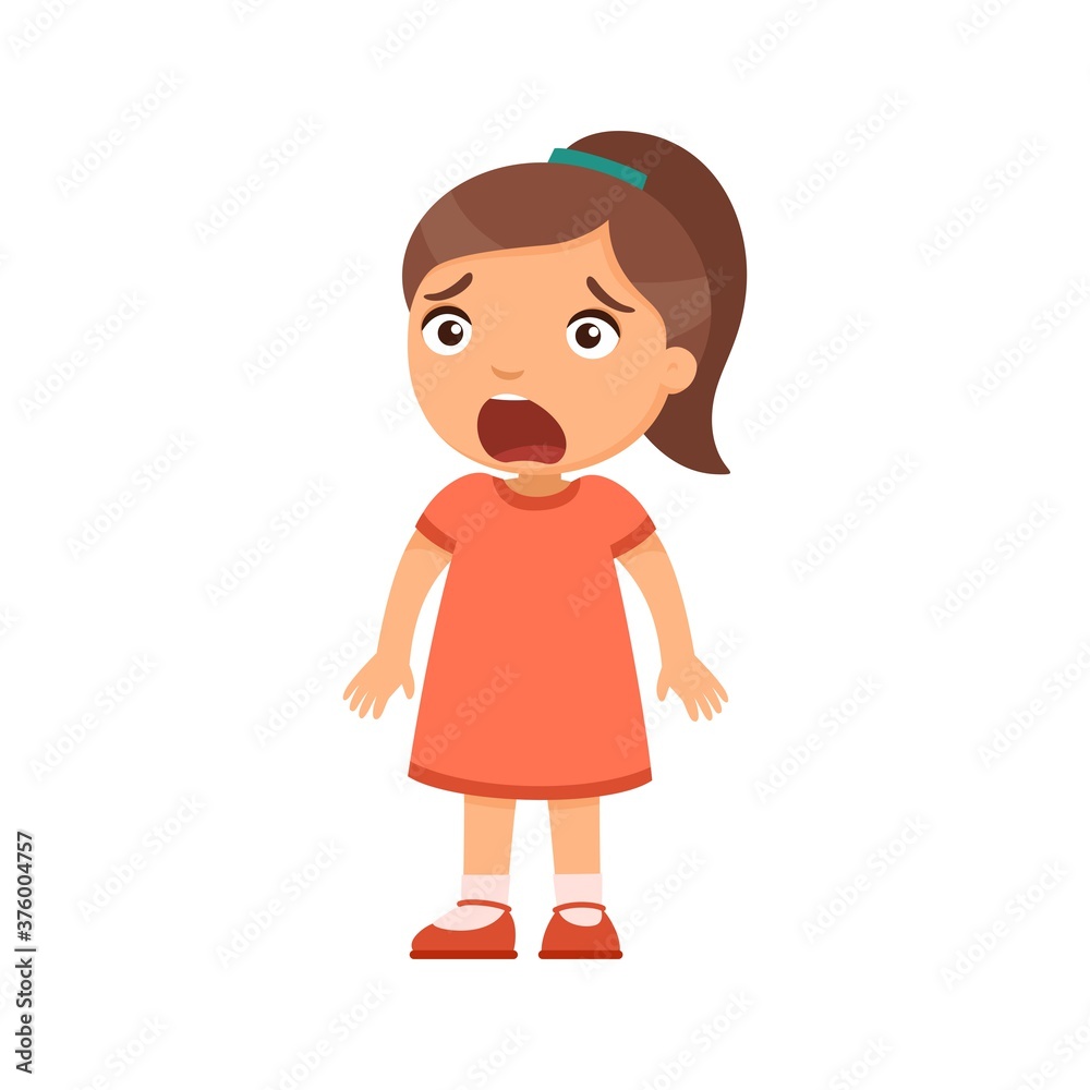 Little frightened girl. A child with intense emotion on the face. Psychology, the concept of children's fears. Сartoon character isolated on white background. Flat vector color illustration. Little frightened girl. A child with intense emotion on the face. Psychology, the concept of children's fears. Сartoon character isolated on white background. Flat vector color illustration.