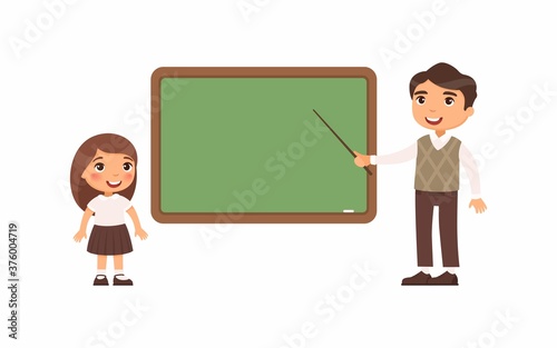 Teacher and schoolgirl at classroom flat vector illustration. Male tutor and pupil standing near empty chalkboard cartoon characters. Girl at school class isolated on white background