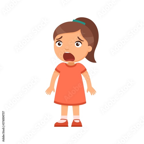 Little frightened girl. A child with intense emotion on the face. Psychology, the concept of children's fears. Сartoon character isolated on white background. Flat vector color illustration.