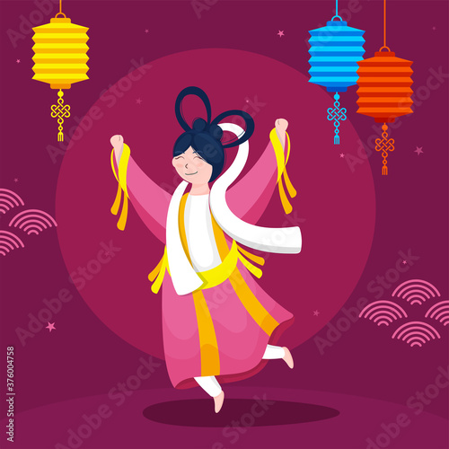 Chinese Goddess (Chang'e) Character in Dancing or Jumping Pose with Hanging Colorful Lanterns on Dark Pink Background.