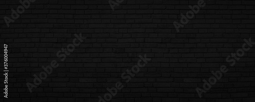 Abstract Black Brick Wall Texture Background. Weathered Brickwork Design Backdrop. Wide Panorama Picture.