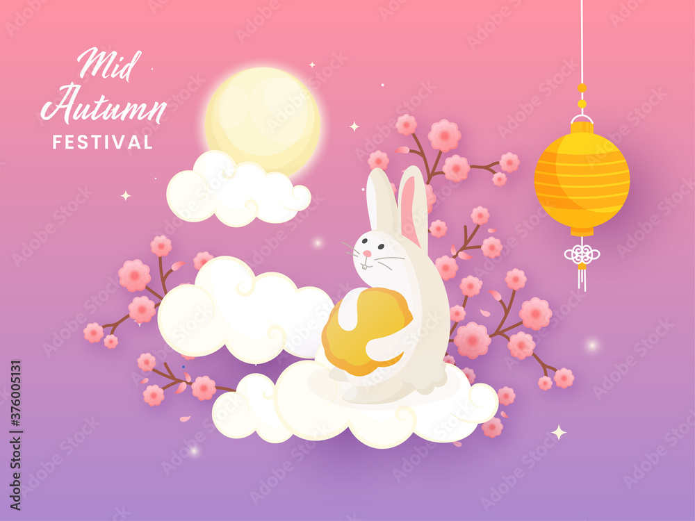 Mid Autumn Festival Concept with Cartoon Bunny Holding Mooncake, Sakura Flower Branch, Clouds and Chinese Lantern Hang on Full Moon Gradient Purple and Pink Background.