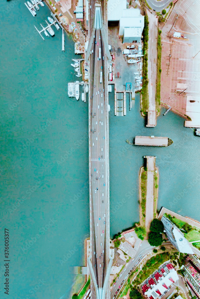 Panoramic drone aerial down view of Sydney Anzac Bridge
