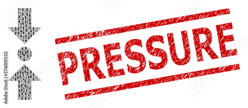 Recursive mosaic pressure vertical and Pressure rubber stamp. Vector mosaic is formed from repeating pressure vertical elements. Stamp seal includes Pressure title between parallel lines.