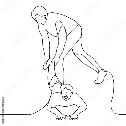 child with an open mouth lies on the floor on his stomach, an adult drags him by the leg. One continuous line drawing concept child does not obey / is naughty, schoolboy does not want to go to school,