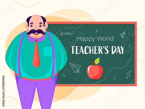 Happy World Teacher's Day Text on Green Chalkboard with Cartoon Man Character.