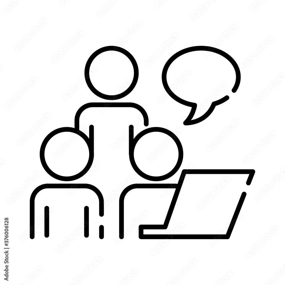 teamworkers with speech bubble and laptop coworking line style icon teamworkers with speech bubble and laptop coworking line style icon