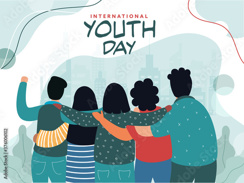 Back View of Teenage Friends Standing Together on Light Turquoise Building Background for International Youth Day.