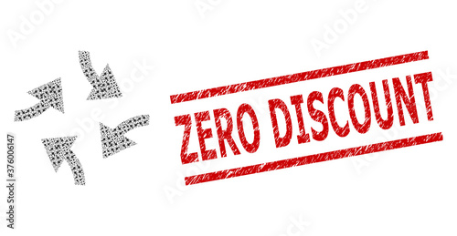 Fractal composition swirl arrows and Zero Discount grunge stamp seal. Vector collage is created with scattered swirl arrows elements. Stamp seal includes Zero Discount caption between parallel lines.
