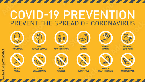 Prevention line icons set isolated on yellow. outline symbols Coronavirus Covid 19 pandemic banner. Quality design elements mask, gloves, distance, wash disinfect hands, stay home