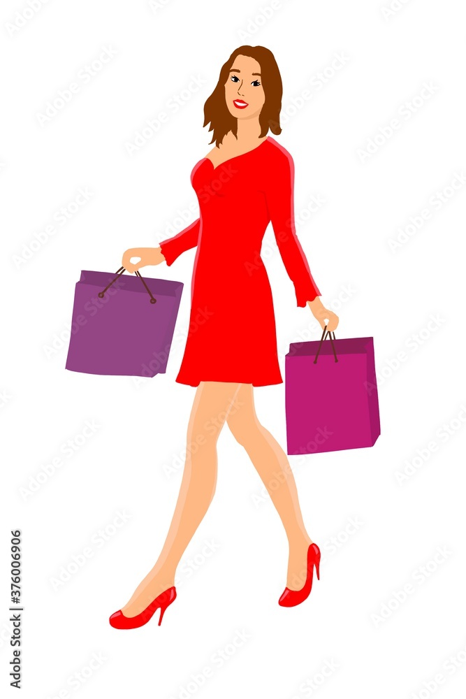 Smiling woman shopper walks with shopping bags illustration in color without outline