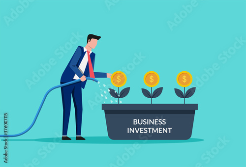 Businessman watering money trees vector illustration. Smart investment and business development symbol.