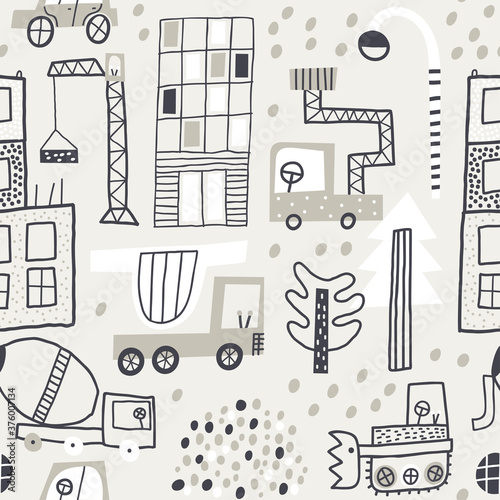 Construction site. Childish seamless pattern with buildings, big truck, construction crane and trees. Creative vector background for fabric, textile, nursery wallpaper.