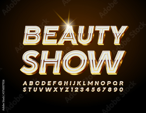 Vector event flyer Beauty Show. Chic White and Gold Font. 3D luxury Alphabet Letters and Numbers