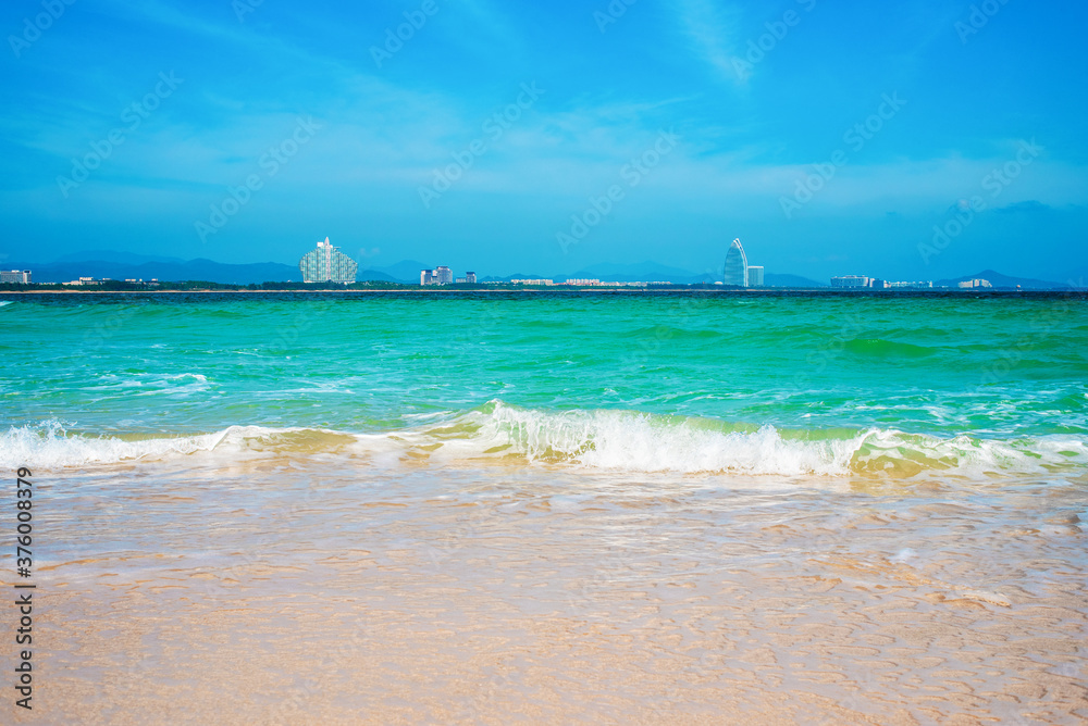 Hainan island, Sanya city. Scenic seascape. Wuzhizhou tropical Island for Relax and Water Activities. Sanya city Chinese Resort for summer vacation. Popular tourism destination in China. Haitang Bay. 