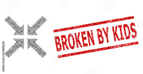 Recursive mosaic pressure arrows and Broken by Kids corroded stamp seal. Vector mosaic is designed from random pressure arrows elements. Stamp includes Broken by Kids text between parallel lines.