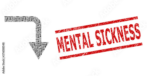Recursion combination turn down and Mental Sickness corroded stamp seal. Vector collage is constructed with random turn down items. Stamp seal includes Mental Sickness caption between parallel lines.