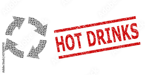 Recursive combination circulation and Hot Drinks dirty stamp seal. Vector collage is made with scattered circulation elements. Stamp seal includes Hot Drinks tag between parallel lines.