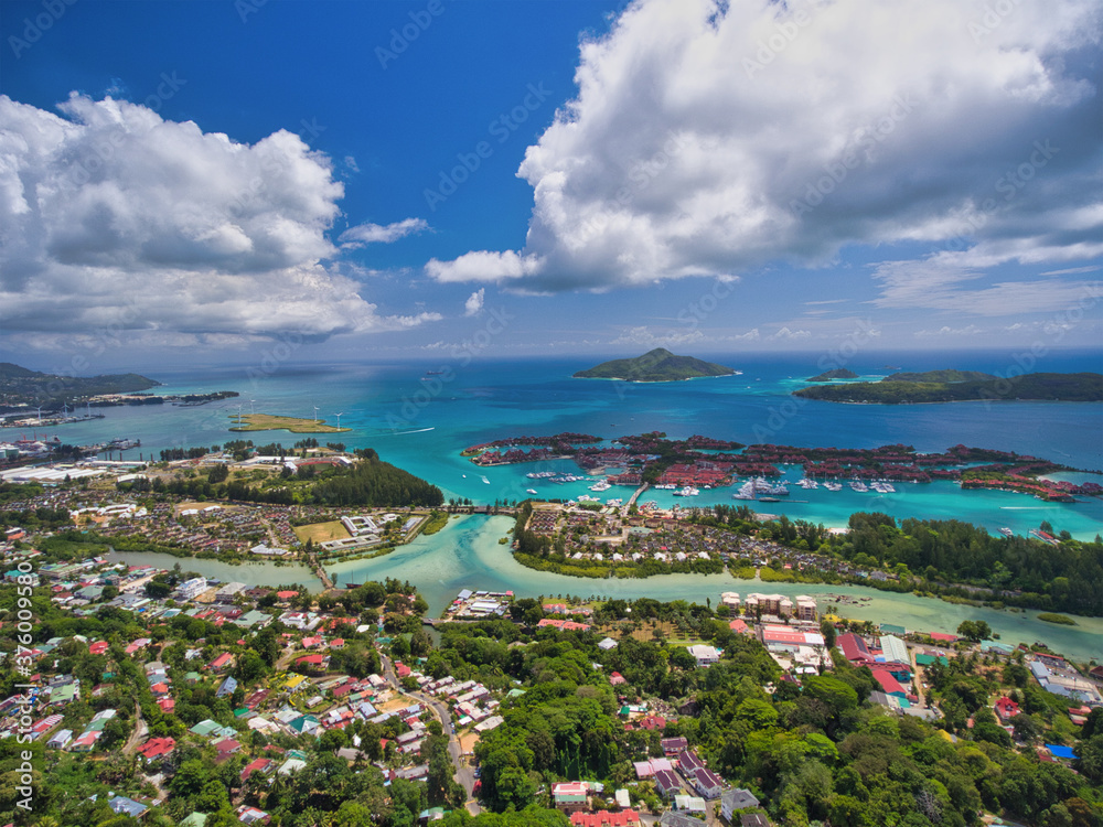 Eden Island and Seychelles Landscape, Mahe Island aerial view from drone