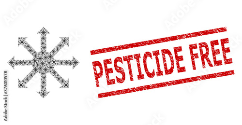 Recursive mosaic radial arrows and Pesticide Free scratched seal. Vector mosaic is made of recursive radial arrows elements. Seal includes Pesticide Free caption between parallel lines.