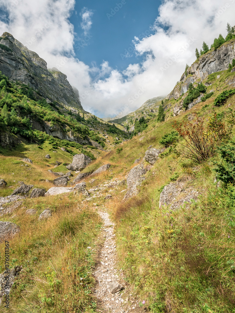 Scenic ladscape with Deer Valley (Valea Cerbului) on the way to Omu peak, the highest peak in Bucegi Mountains, Romania.