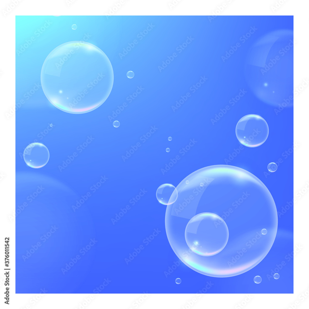 3D Realistic Blue Background with  Bubbles . Isolated Vector Elements