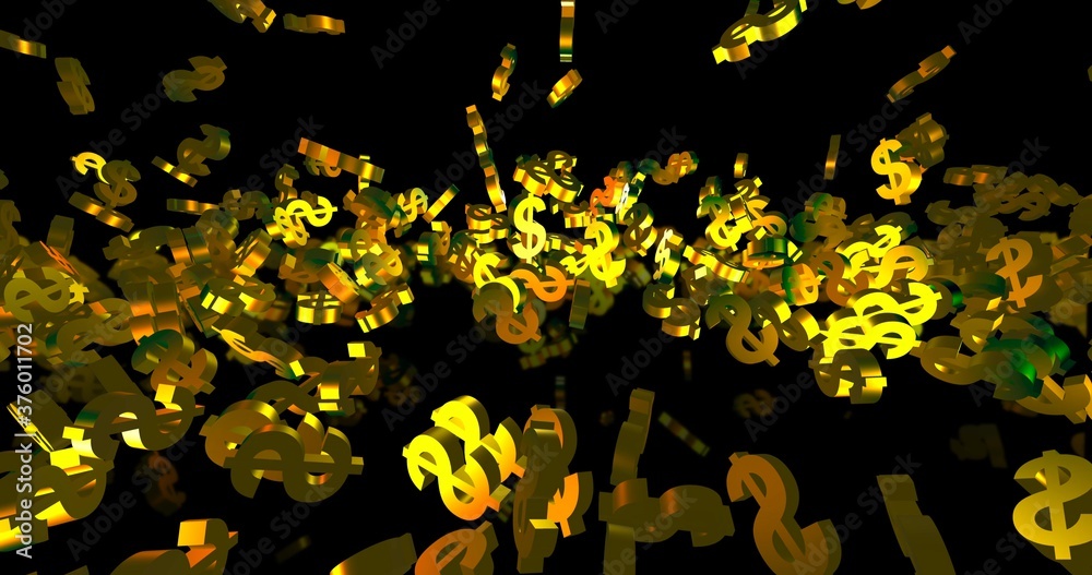 Golden 3d dollar symbols falling on the black background. Finance event background. 3D render