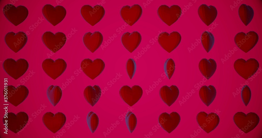 Romantic pattern with polygonal red hearts. For Valentine's Day event. Loop animation 4k. 3D rendering 3D illustration