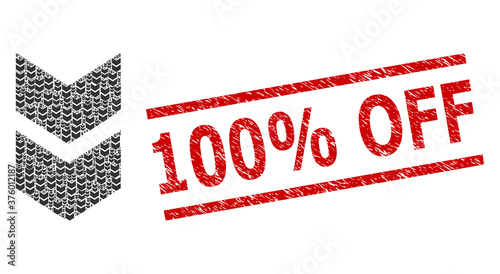 Fractal collage shift down and 100% Off scratched stamp print. Vector collage is created with random shift down parts. Stamp seal includes 100% Off title between parallel lines.