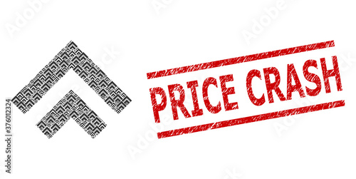 Recursive mosaic shift up and Price Crash corroded stamp print. Vector mosaic is designed with scattered shift up parts. Stamp includes Price Crash title between parallel lines.