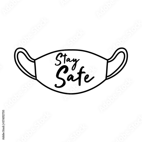 stay safe campaing lettering with medical mask line style