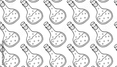 Vector illustration. Monochrome seamless pattern with unpainted vessel with potion or a vaccine and bubbles on white. Hand drawn simple doodle clipart. Silence theme. Banner, cards, wrapping, fabric.