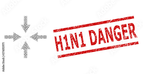 Recursive mosaic compress arrows and H1N1 Danger dirty stamp. Vector mosaic is made from random compress arrows icons. Stamp includes H1N1 Danger caption between parallel lines.