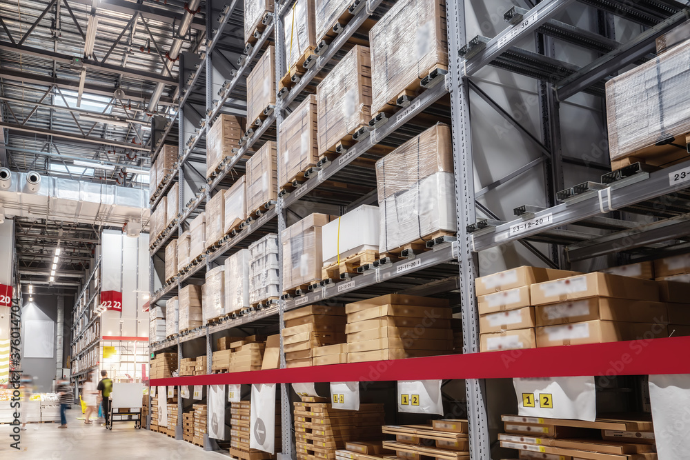 Goods on shelves of distribution center warehouse