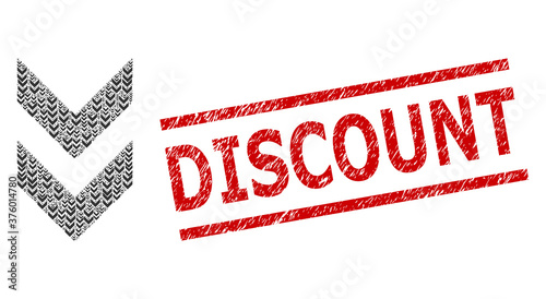 Fractal collage shift down and Discount rubber stamp seal. Vector collage is done of randomized shift down items. Stamp seal includes Discount title between parallel lines.