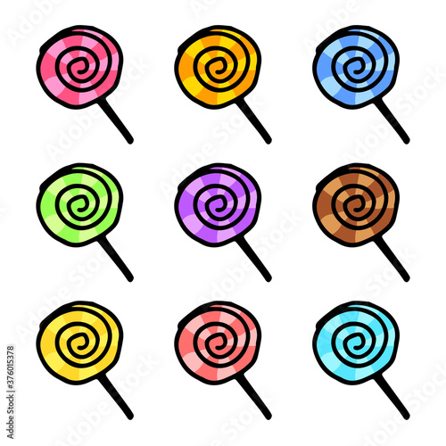set of colorful lollipops isolated on white background. hand drawn vector. cartoon style. modern scribble for kids, clip art, logo, sticker. simple sketch, drawn with pen. colorful doodle art. 
