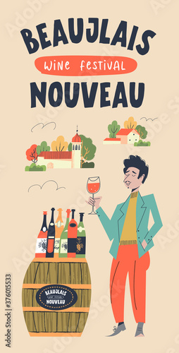 Beaujolais Nouveau, poster of a wine festival in France. Vector illustration.